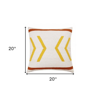 20" X 20" White Yellow And Red Orange 100% Cotton Chevron Zippered Pillow