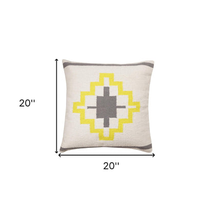 20" X 20" Gray White And Yellow 100% Cotton Geometric Zippered Pillow