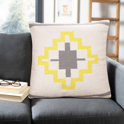 20" X 20" Gray White And Yellow 100% Cotton Geometric Zippered Pillow
