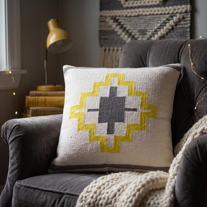 20" X 20" Gray White And Yellow 100% Cotton Geometric Zippered Pillow