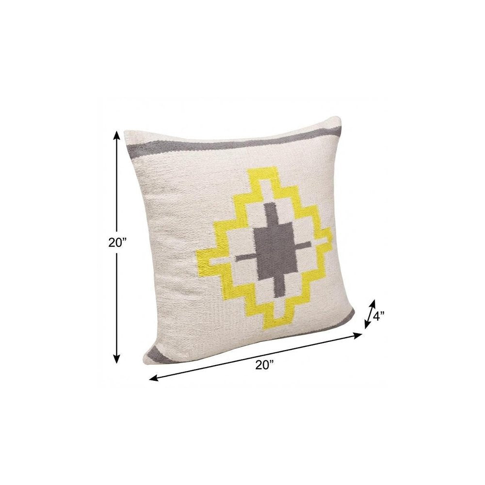 20" X 20" Gray White And Yellow 100% Cotton Geometric Zippered Pillow