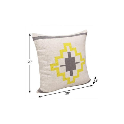 20" X 20" Gray White And Yellow 100% Cotton Geometric Zippered Pillow