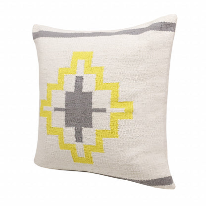 20" X 20" Gray White And Yellow 100% Cotton Geometric Zippered Pillow