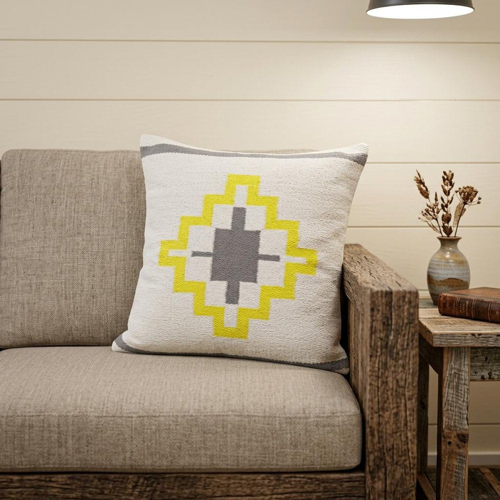 20" X 20" Gray White And Yellow 100% Cotton Geometric Zippered Pillow