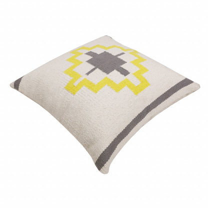 20" X 20" Gray White And Yellow 100% Cotton Geometric Zippered Pillow