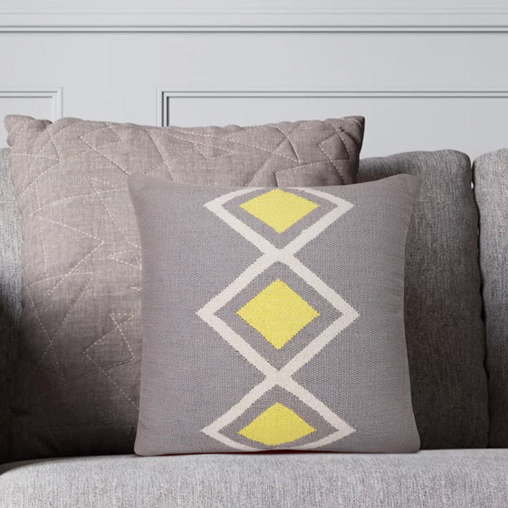 20" X 20" Gray White And Yellow 100% Cotton Geometric Zippered Pillow