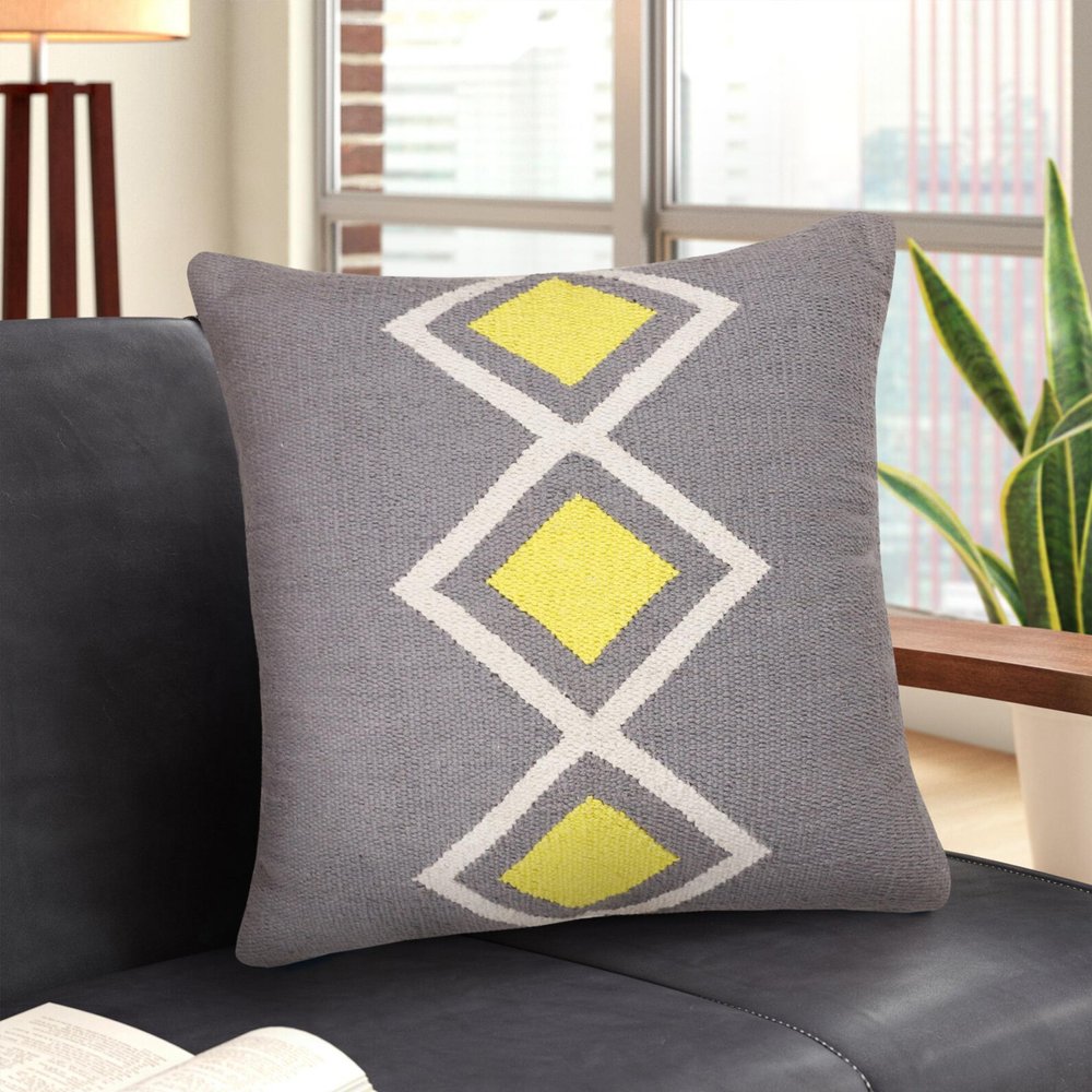 20" X 20" Gray White And Yellow 100% Cotton Geometric Zippered Pillow
