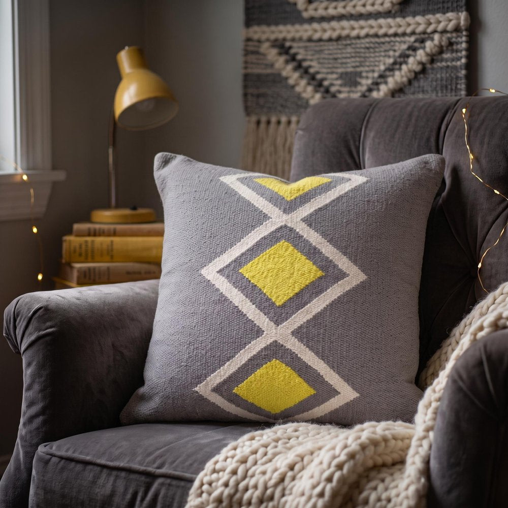 20" X 20" Gray White And Yellow 100% Cotton Geometric Zippered Pillow
