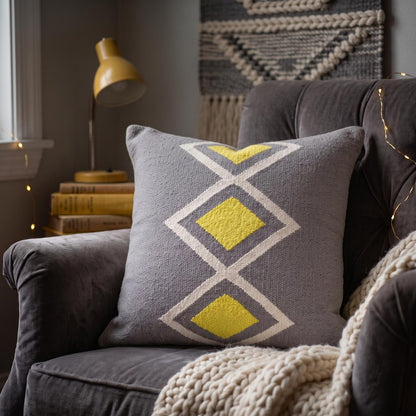20" X 20" Gray White And Yellow 100% Cotton Geometric Zippered Pillow