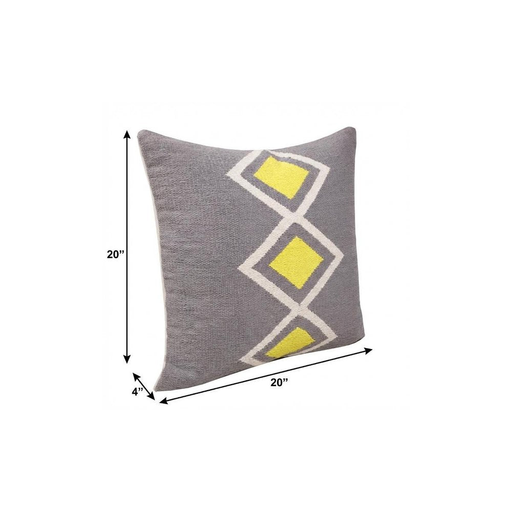 20" X 20" Gray White And Yellow 100% Cotton Geometric Zippered Pillow