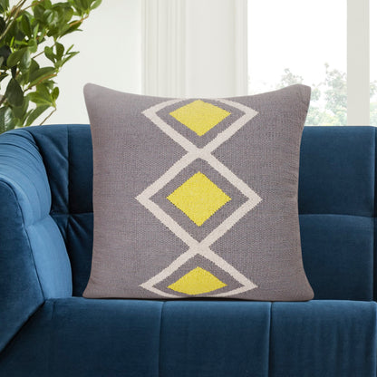 20" X 20" Gray White And Yellow 100% Cotton Geometric Zippered Pillow