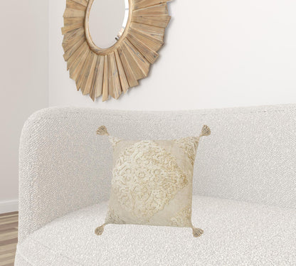 20" X 20" Cream And Beige Viscose Zippered Pillow