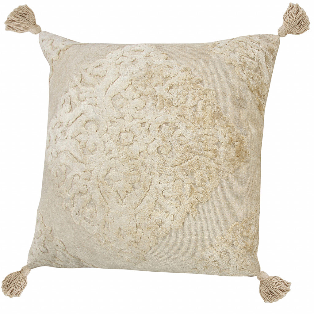 20" X 20" Cream And Beige Viscose Zippered Pillow