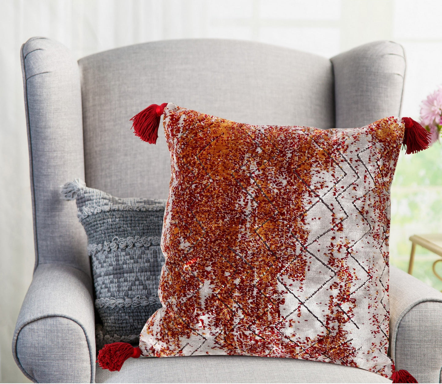 20" X 20" Red Orange And Silver Viscose Geometric Zippered Pillow