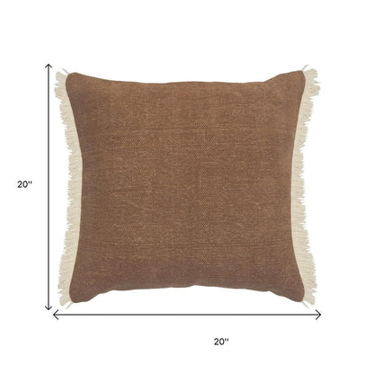 20" Orange And Tan Cotton Color Block Throw Pillow with Fringe