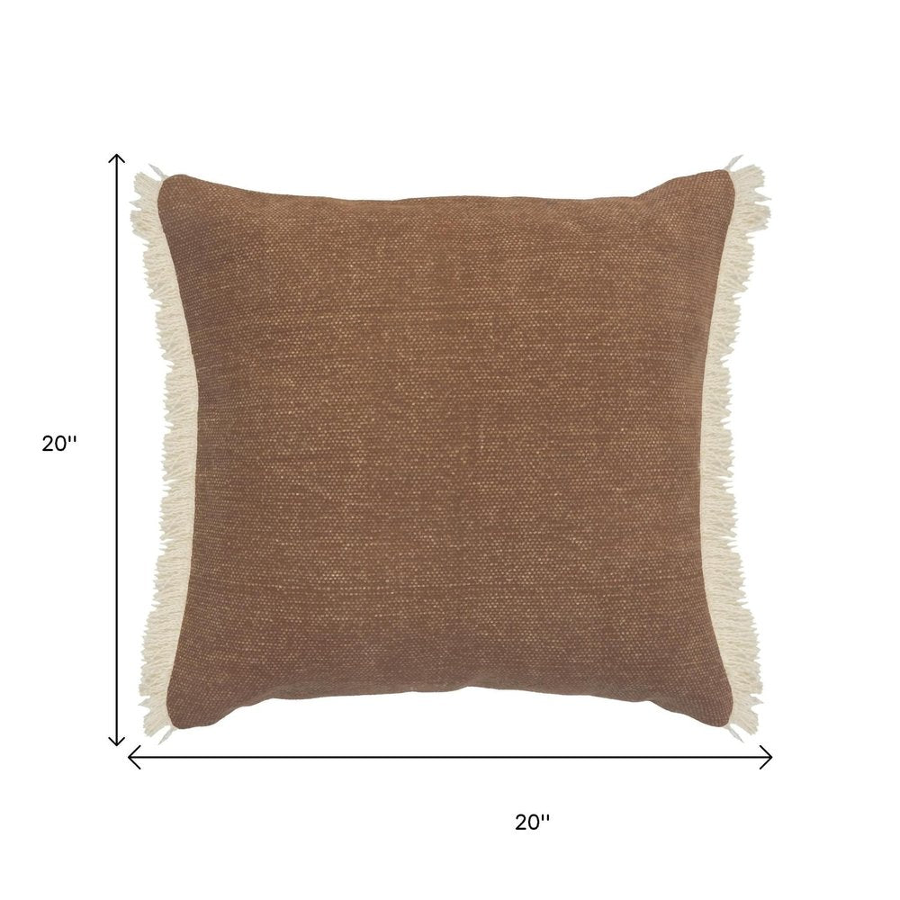 20" Orange And Tan Cotton Color Block Throw Pillow with Fringe