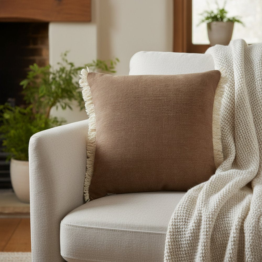 20" Orange And Tan Cotton Color Block Throw Pillow with Fringe