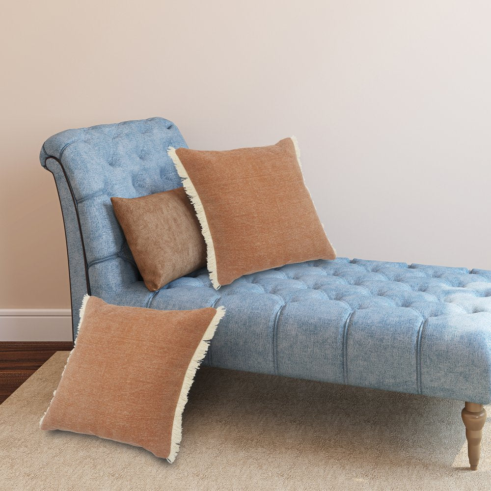 20" Orange And Tan Cotton Color Block Throw Pillow with Fringe