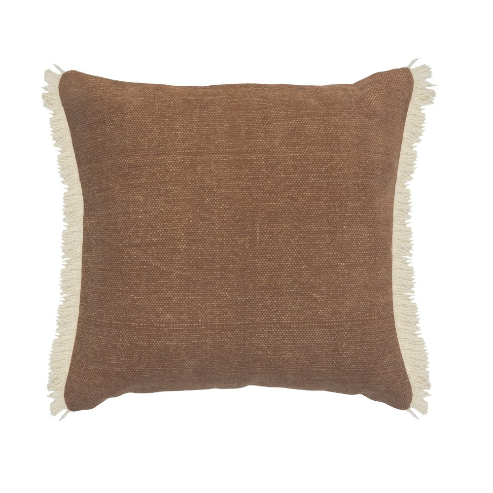 20" Orange And Tan Cotton Color Block Throw Pillow with Fringe