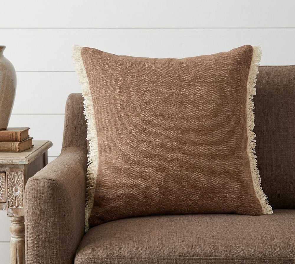 20" Gray And Ivory Cotton Color Block Throw Pillow with Fringe