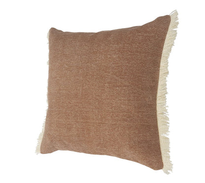 20" Orange And Tan Cotton Color Block Throw Pillow with Fringe
