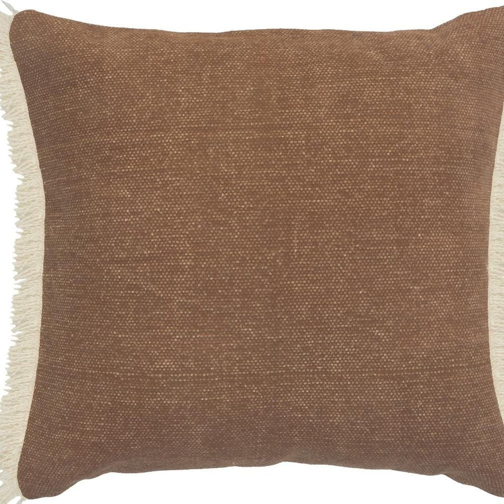 20" Orange And Tan Cotton Color Block Throw Pillow with Fringe