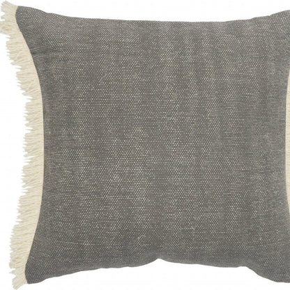 20" Gray And Ivory Cotton Color Block Throw Pillow with Fringe