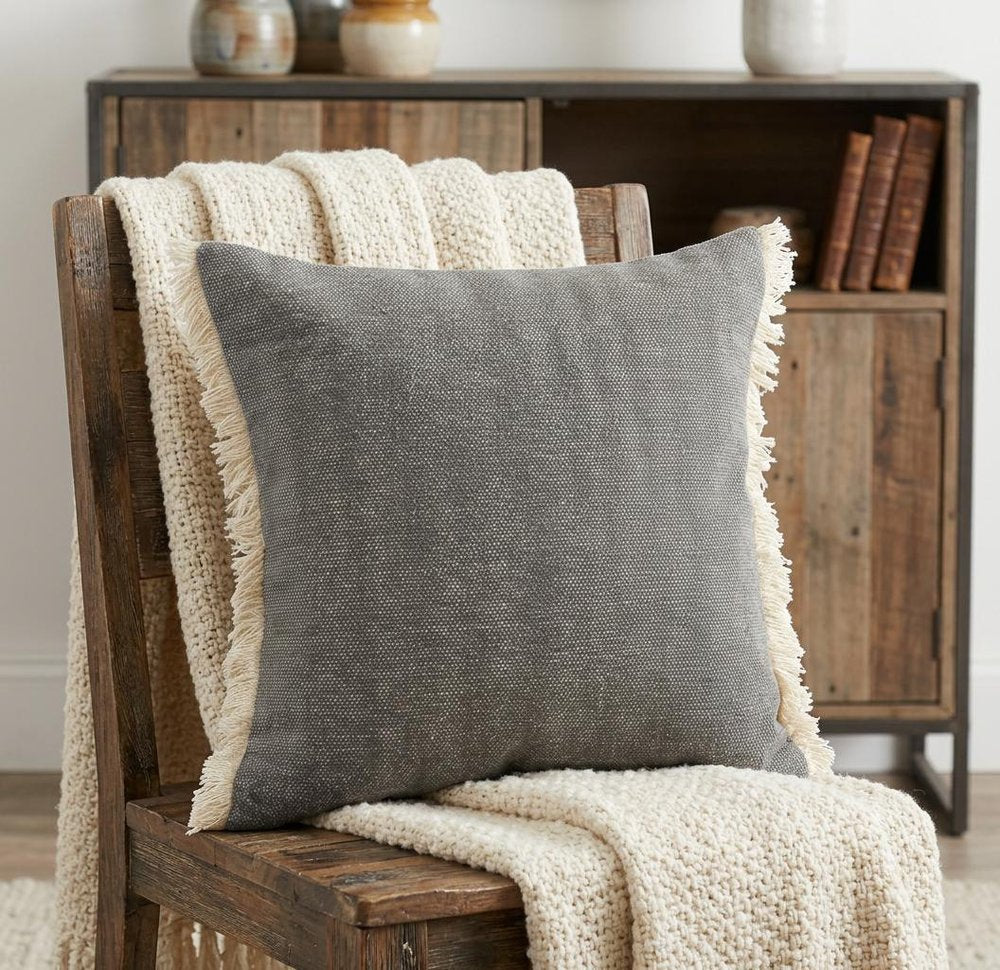 20" Orange And Tan Cotton Color Block Throw Pillow with Fringe