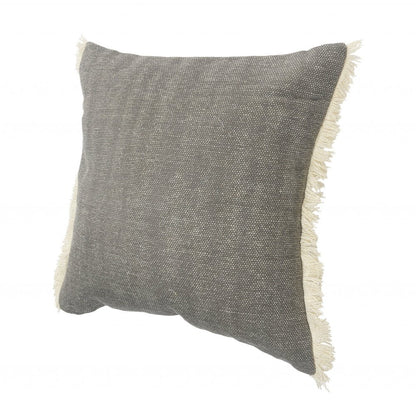 20" Gray And Ivory Cotton Color Block Throw Pillow with Fringe