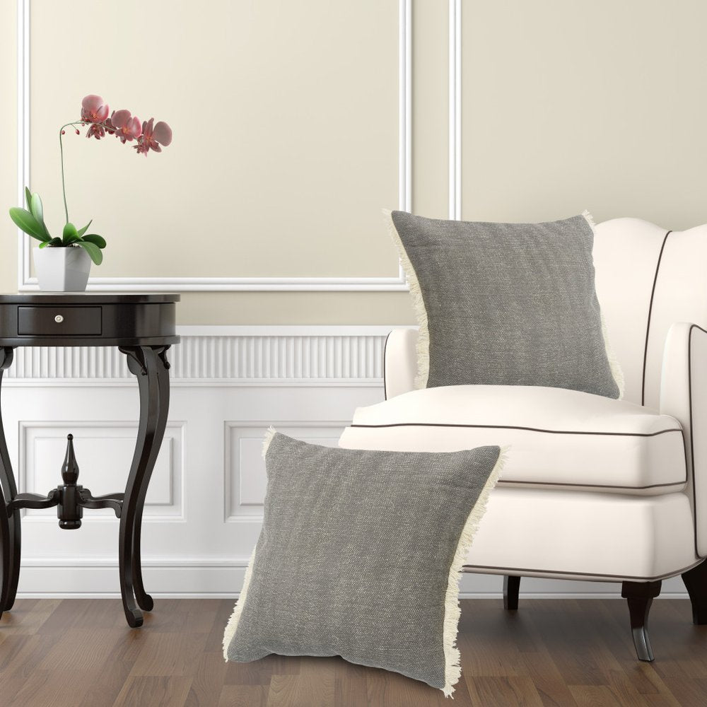 20" Orange And Tan Cotton Color Block Throw Pillow with Fringe