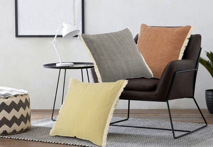 20" Orange And Tan Cotton Color Block Throw Pillow with Fringe