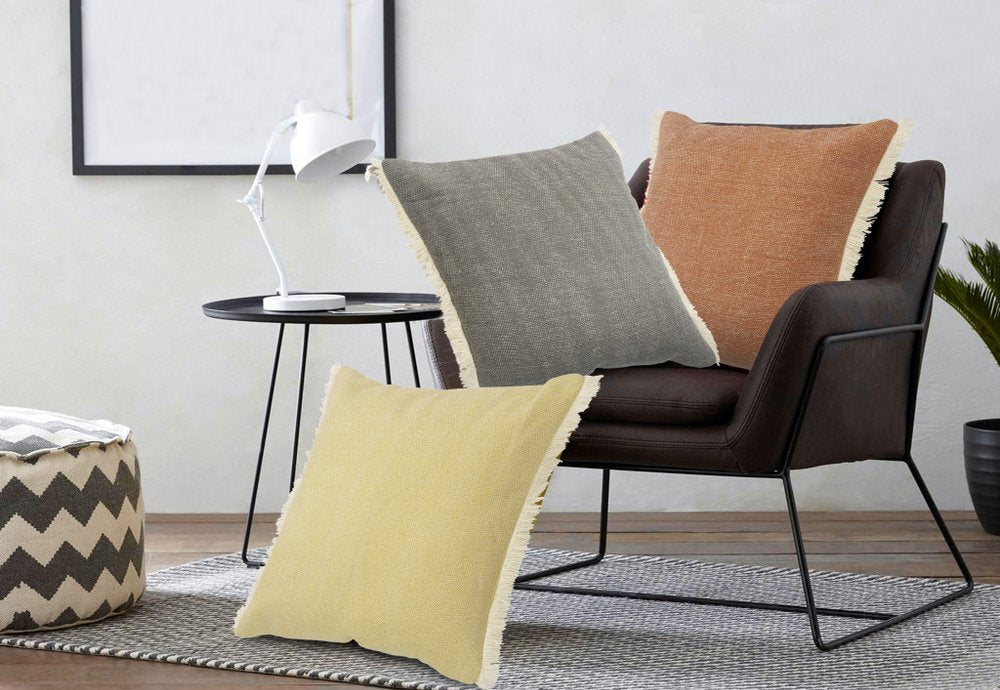 20" Orange And Tan Cotton Color Block Throw Pillow with Fringe