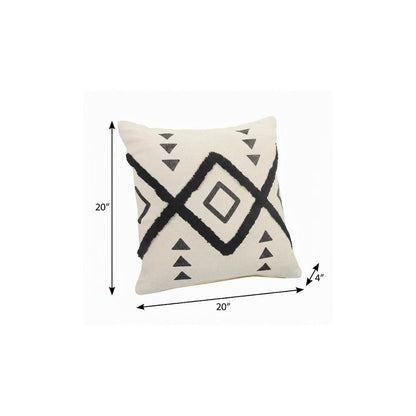 20" X 20" Cream Black And Gray 100% Cotton Geometric Zippered Pillow