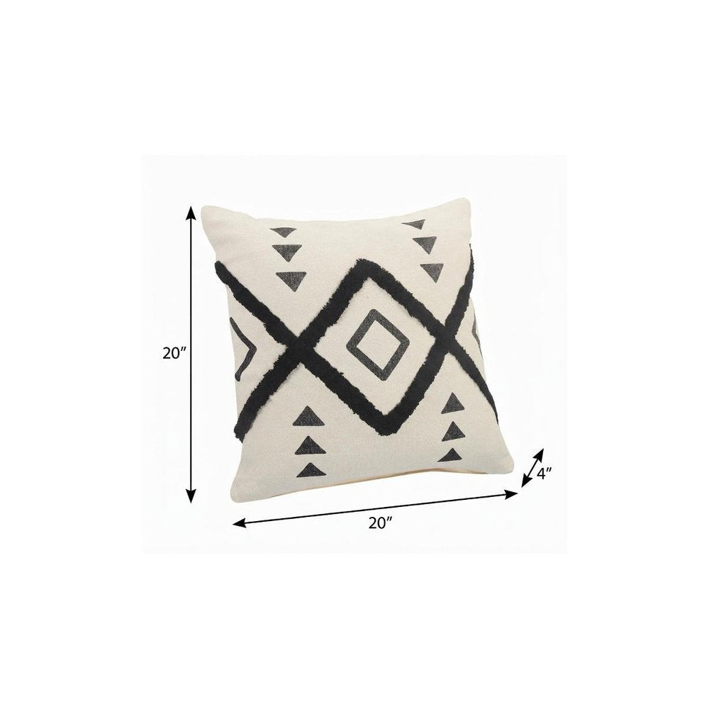 20" X 20" Cream Black And Gray 100% Cotton Geometric Zippered Pillow