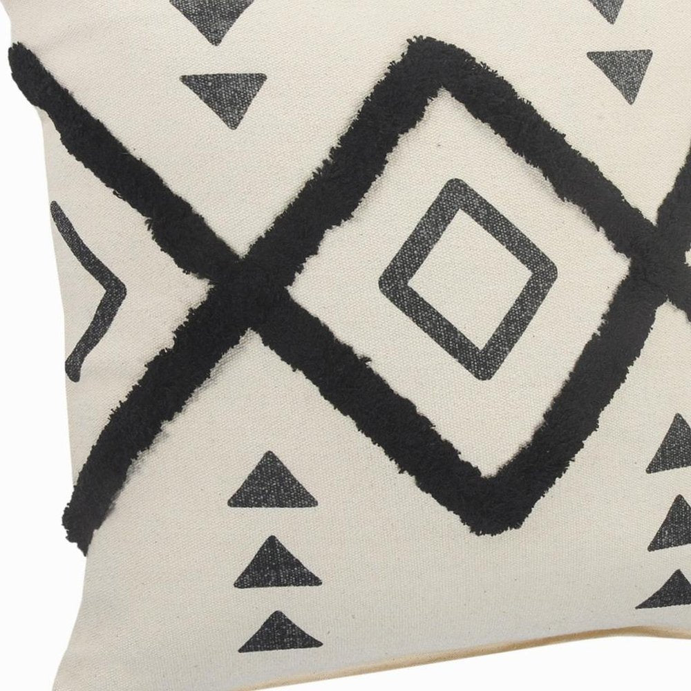20" X 20" Cream Black And Gray 100% Cotton Geometric Zippered Pillow
