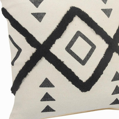 20" X 20" Cream Black And Gray 100% Cotton Geometric Zippered Pillow