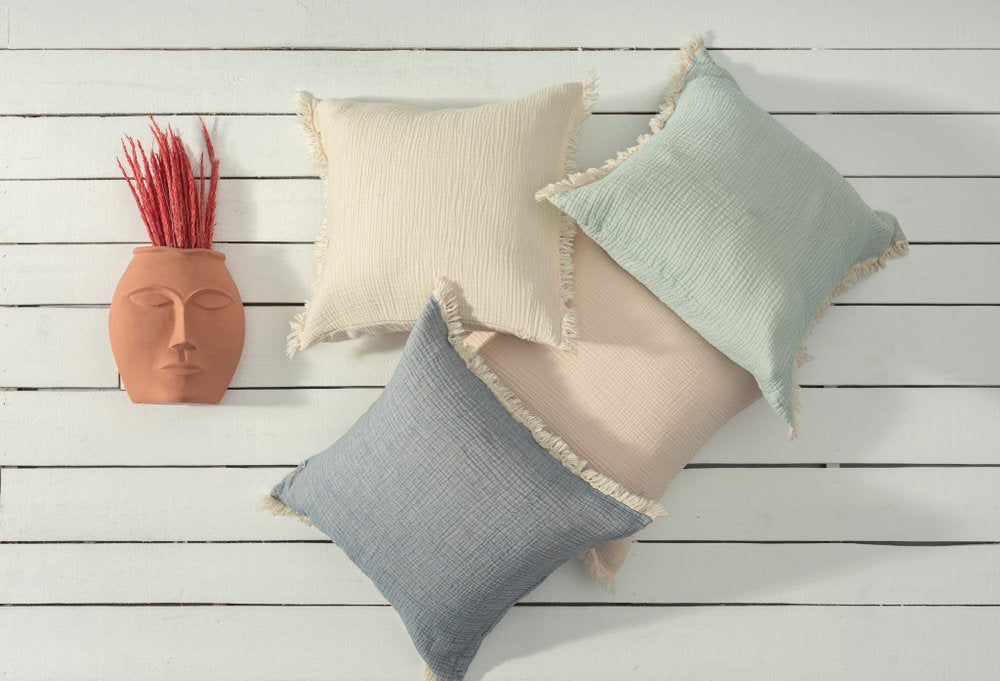 20" X 20" Aqua Blue And Cream 100% Cotton Zippered Pillow