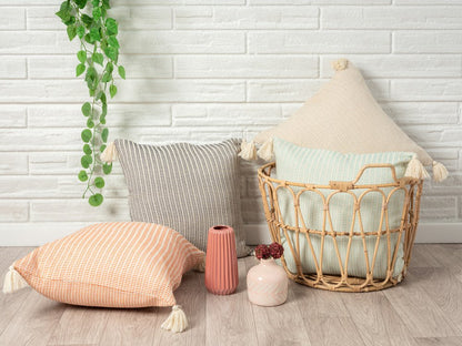 18" X 18" Orange And Ivory 100% Cotton Striped Zippered Pillow