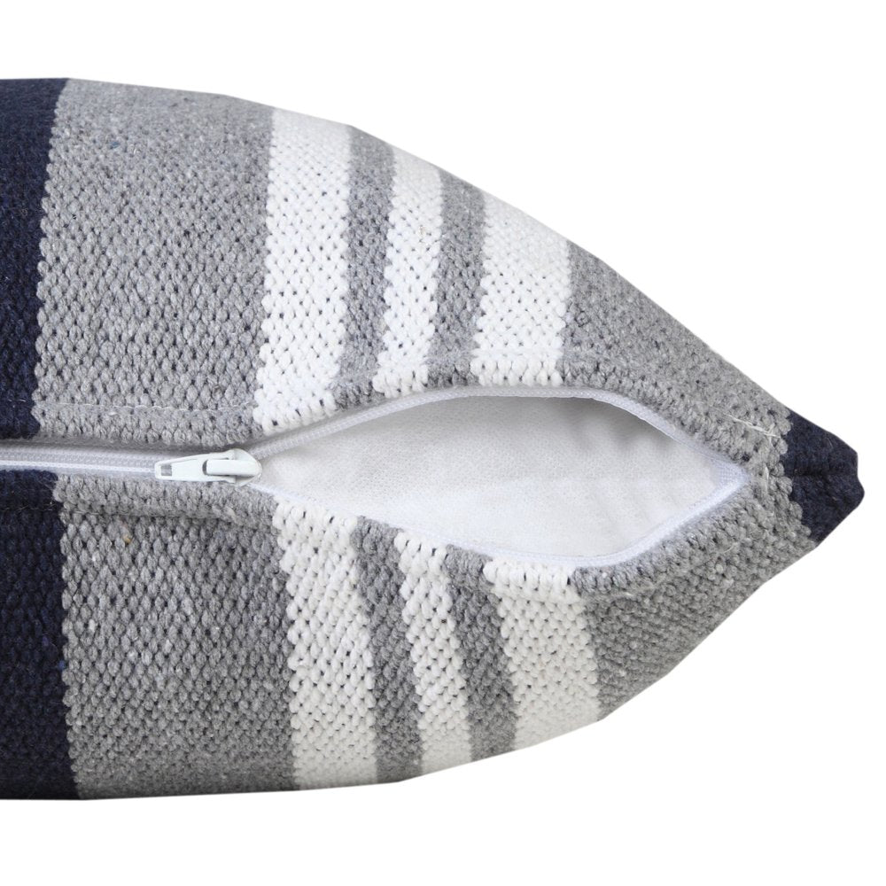 20" Navy Blue Gray And White Cotton Coastal Throw Pillow