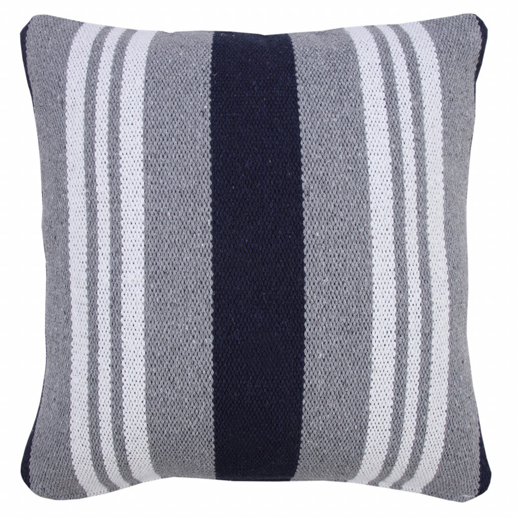 20" X 20" Navy Gray And White 100% Cotton Coastal Zippered Pillow