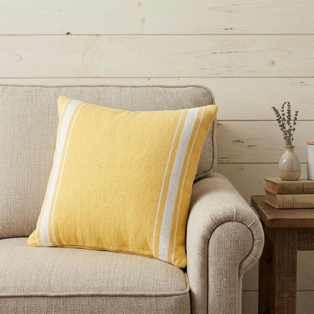 20" X 20" Yellow And White 100% Cotton Geometric Zippered Pillow