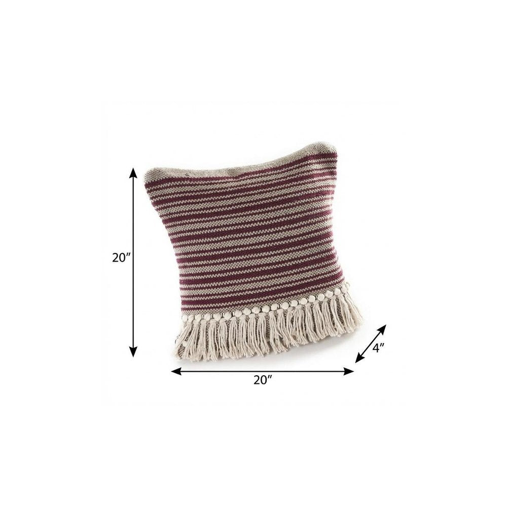 20" Maroon And Tan Cotton Striped Throw Pillow with Fringe