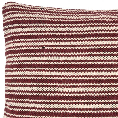 20" Maroon And Tan Cotton Striped Throw Pillow with Fringe