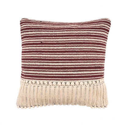 20" Maroon And Tan Cotton Striped Throw Pillow with Fringe