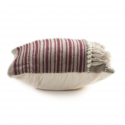 20" Maroon And Tan Cotton Striped Throw Pillow with Fringe