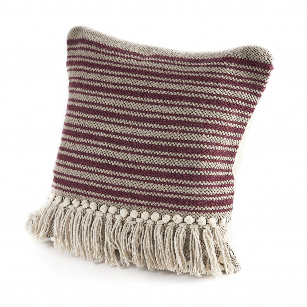 20" Maroon And Tan Cotton Striped Throw Pillow with Fringe