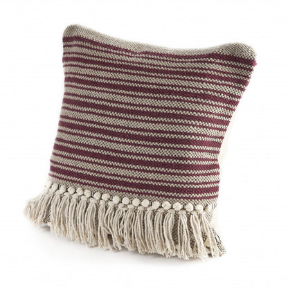 20" Maroon And Tan Cotton Striped Throw Pillow with Fringe