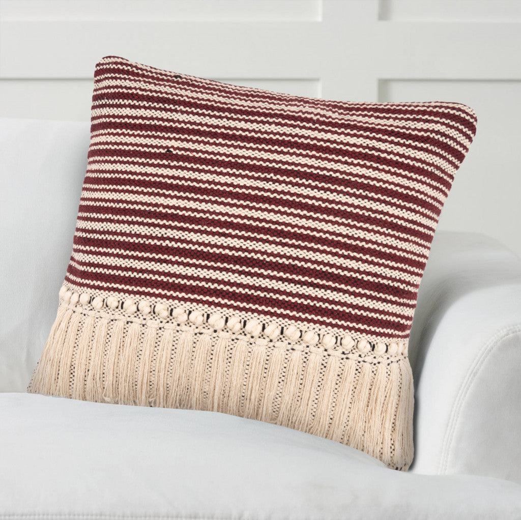 20" X 20" Maroon Red And Off-White 100% Cotton Striped Zippered Pillow