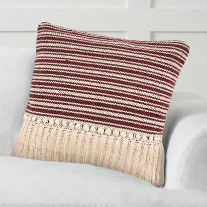 20" Maroon And Tan Cotton Striped Throw Pillow with Fringe