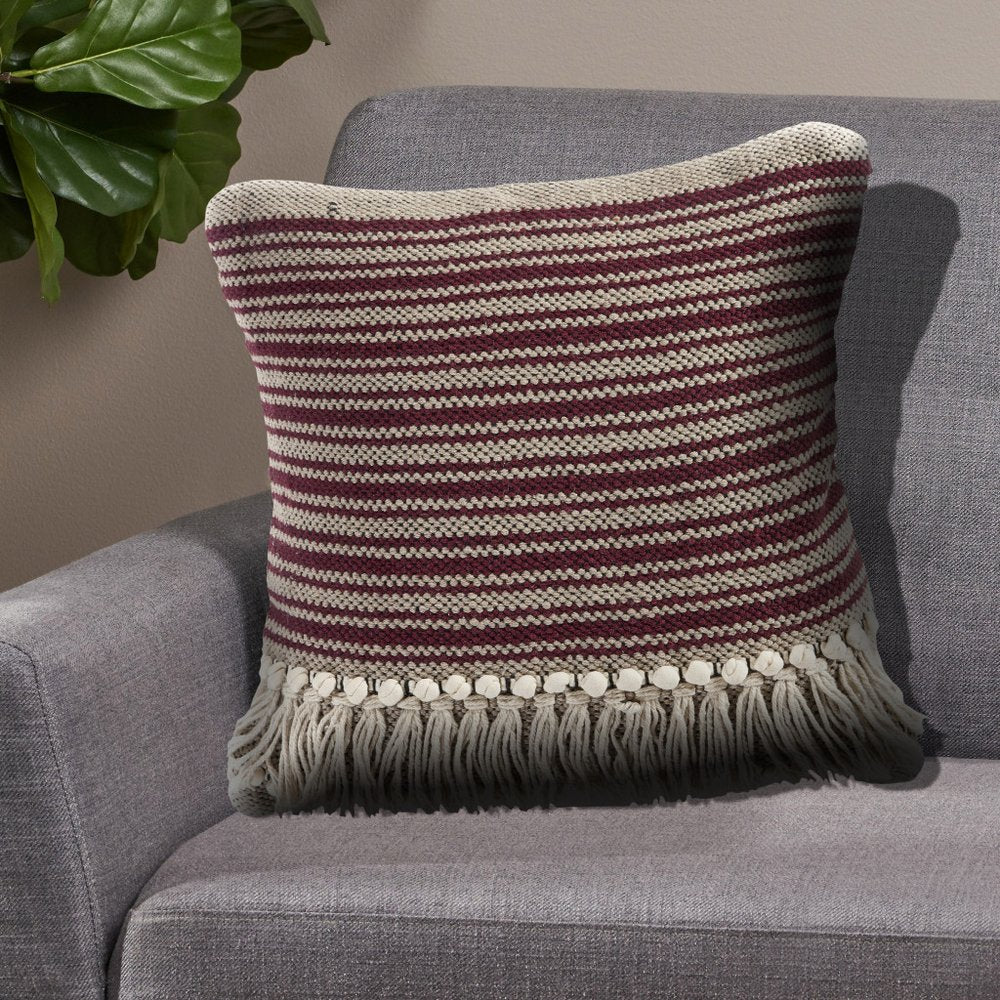 20" Maroon And Tan Cotton Striped Throw Pillow with Fringe